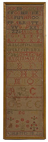 Scottish Sampler, : Scottish Sampler, early 19th century, wool on linen. A Scottish band sampler with red and green alphabet and number strings, some letters are curlicue style. Also, cat, flowers, initials and signed