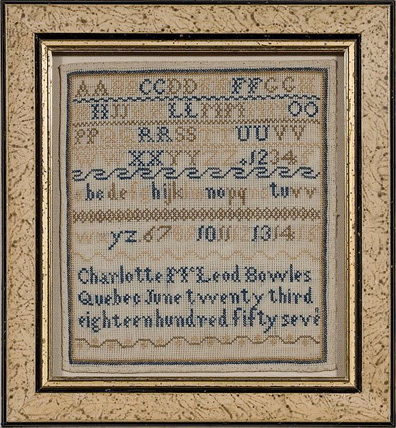 Quebec Canada Sampler, : Quebec Canada Sampler, ca 1860s, silk on linen. A Quebec, Canada sampler of alphabet and number strings, reads Charlotte McLeod Bowles/ Quebec/ June twenty third/eighteen hundred fifty seven. Conser