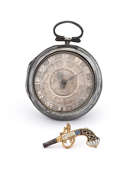 18th Century Silver Pocket Watch, W. Wilson, Londo: 18th Century Silver Pocket Watch, W. Wilson, London, ca 1700-25. Paired silver case, dial signed Wilson/London. Movement signed, W. Wilson. Crown wheel escapement, champleve dial, beetle and poker h