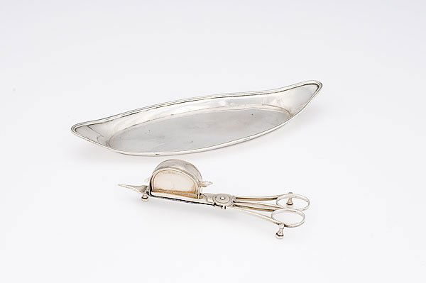 George III Silver Candle Snuffer and Tray, : George III Silver Candle Snuffer and Tray, English, snuffer with mark of William Bennett, London, 1809-10, bearing the crest of an elephant's head surmounting a crown. Together with a tray struck fo