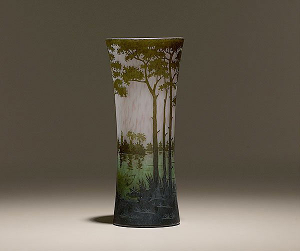 Daum Nancy Cameo Scenic Vase, : Daum Nancy Cameo Scenic Vase, French, ca 1880-1910. A Daum Nancy cameo scenic vase with continuous decoration of a lake landscape in shades of green against a mottled mauve ground. Signed on the sid