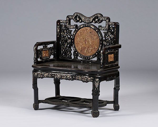 Chinese Pierced and Carved Bench : Chinese Pierced and Carved Bench 19th century, in rosewood. The carved and pierced back and arms with floral mother-of-pearl inlay and inset breche mable. With a plank seat and interlocking circle s