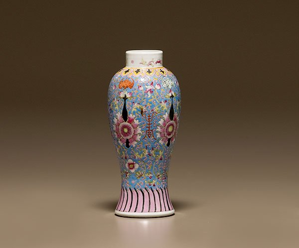 Chinese Export Garniture Vase, : Chinese Export Garniture Vase, Qianlong Period (1736-1895). Baluster form, decorated in the famille rose palette with Buddhist symbols including bats and lotus flowers, unmarked; height 9.5 in. Ex