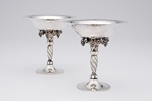 Georg Jensen Sterling "Grape" Compotes : Georg Jensen Sterling "Grape" Compotes Denmark, ca 1945-60, numbered 263B, by Georg Jensen Silversmithy, Copenhagen. Two Danish sterling silver compotes in the "Grape" pattern, each with round flari