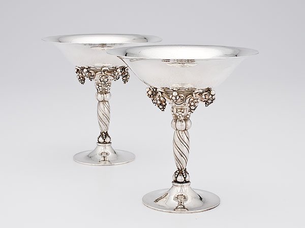 Georg Jensen Sterling "Grape" Compotes, : Georg Jensen Sterling "Grape" Compotes, Denmark, ca 1945-60, numbered 263B, by Georg Jensen Silversmithy, Copenhagen. Two Danish sterling silver compotes in the "Grape" pattern, each with round flar