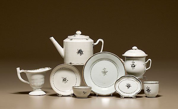 Chinese Export Porcelain Partial Tea Service, : Chinese Export Porcelain Partial Tea Service, 29 pieces, early 19th century, decorated en grisaille. Includes teapot, sugar bowl, pitcher, nine tea bowls and saucers, six tea cups, a small tray and