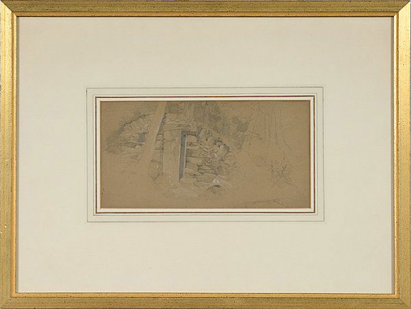 Cabin on a Hillside by Peter Moran (American, 1841: Cabin on a Hillside by Peter Moran (American, 1841-1914), ink wash and pastel; 5.5 x 10.5 in.