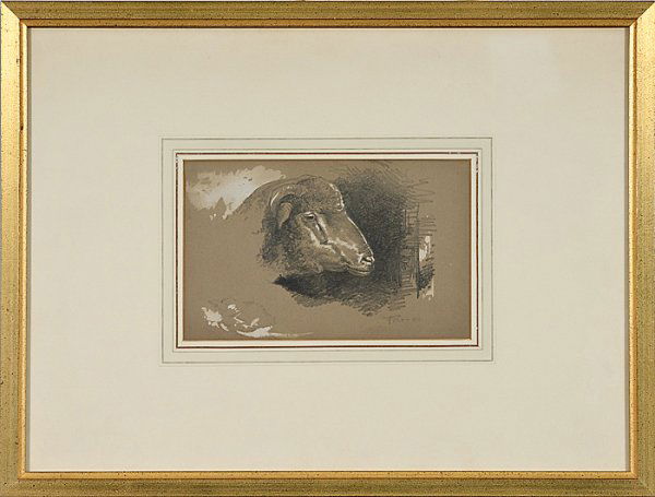 Mountain Sheep by Peter Moran (American, 1841-1914: Mountain Sheep by Peter Moran (American, 1841-1914), gray pastel on paper; 5.5 x 9 in.