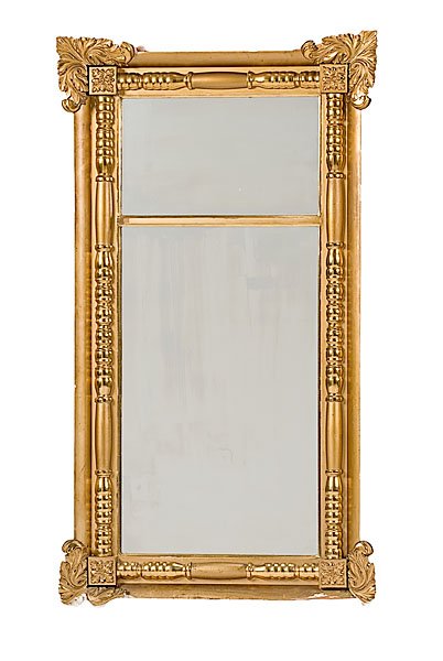 Classical Pier Mirror : Classical Pier Mirror American, second quarter 19th century, Classical pier mirror with carved and giltwood, and two glazed mirror plates; ht. 62, wd. 35 in.