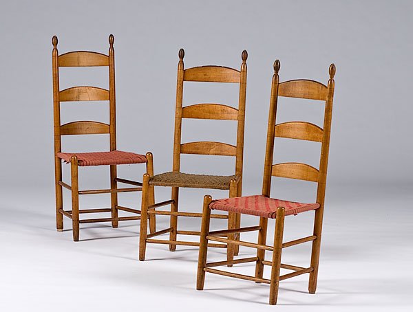 New York Shaker Tilter Chairs, : New York Shaker Tilter Chairs, Watervliet, New York, ca 1840-1860. Three New York Shaker tilter chairs with old finish; seat height 16.5, overall height 40 in.
