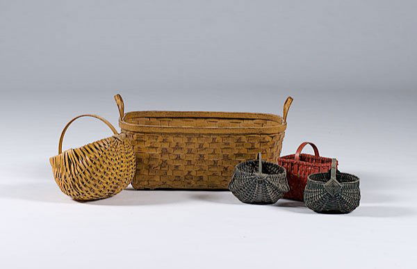David Smith Splint Baskets, : David Smith Splint Baskets, five total, all painted with aged finish, all 20th century, to include two small buttocks-shaped ribbed bottom baskets in blue and green, one large splint field basket in