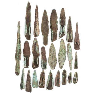 Old Copper Culture Socketed Points: Old Copper Culture, 7000-3000 BCE Wisconsin lot of 24, longest 5-1/4 in. Provenance: Found by Terry Neal, Wisconsin