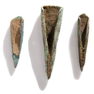 Old Copper Culture Rolled Conical Points: Old Copper Culture, 7000-3000 BCE Wisconsin lot of 3, lengths 4-1/4 in., 3-1/4 in., and 3 in. Provenance: Found by Terry Neal, Wisconsin