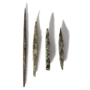 Old Copper Culture Large Awls and Spears: Old Copper Culture, 7000-3000 BCE Wisconsin lot of 4, longest 9-3/8 in. Provenance: Found by Terry Neal, Wisconsin