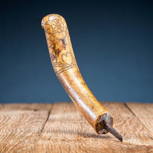 Eastern Woodlands Decorated Antler Crooked Knife: an early example, having a rich and warm patina; handle decorated with a heart surrounded by overlapping circles; iron blade length 7.5 in. first half 19th century