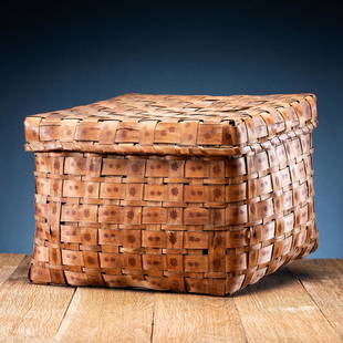 Northeastern Ash Splint Lidded Basket: square form and having stamped decorations height 11 in. x width 15 in. x depth 15 in. ca 1900