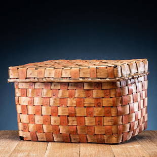 Northeastern Ash Splint Lidded Basket: large rectangular form; painted in red and with potato stamped decorations 12.5 in. x length 21 in. x depth 14 in. ca 1900