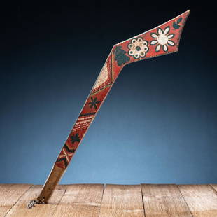 Eastern Plains Painted Gunstock Club: having traditional form and embellished with notched edges; painted on both sides with floral patterns using colors of red, cream, gold, and white length 28 in. second half 19th century