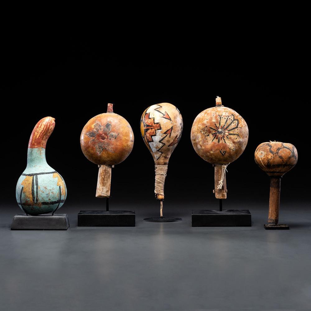 Group of Pueblo Polychrome Rattles, From the Collection: lot of 5, painted with rainclouds and corn stalks tallest height 9.5 in. second quarter 20th century
