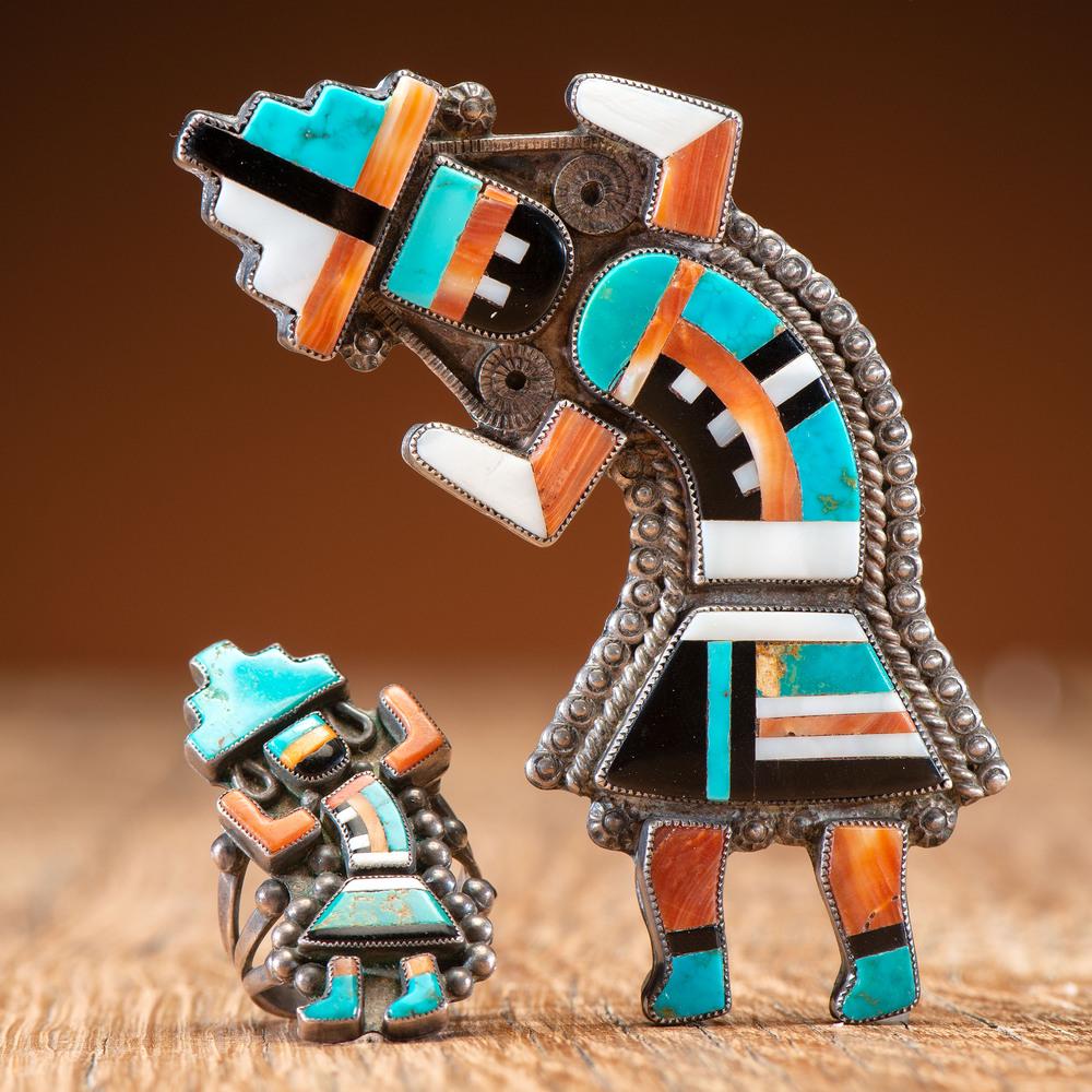 Zuni Silver and Mosaic Inlay Rainbow Man Pin/Brooch AND: lot of 2, includes a silver pin and ring, each with turquoise, jet, shell, and spiny oyster mosaic inlay; both not marked pin length 3.5 in. x width 1.5 in., pin weight 24.2 dwt. ring size 8.5, ring w