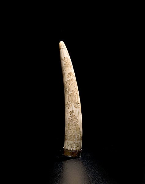 Scrimshawed Walrus Tusk : Scrimshawed Walrus Tusk . American, ca 1860-65, engraved and inked, depicting an eagle, a Union soldier and a woman, the base with a wooden cap and inlaid ivory heart, with the initial N; lg. 9.5 in.