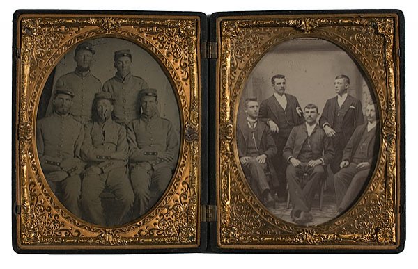 Half Plate Ambrotype of Five 10th NYSM Pards : Half Plate Ambrotype of Five 10th NYSM Pards . Plus a cased (trimmed) post-war cabinet card of five civilians one of whom is said to be a "son." The early war ambrotype depicts two rows of unidentifi