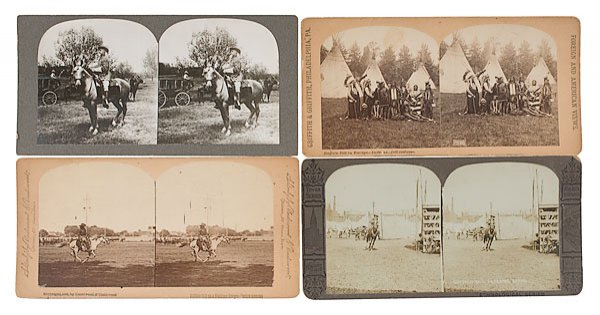 Scarce Buffalo Bill Stereoviews : Scarce Buffalo Bill Stereoviews . Lot of 4 stereoviews of William F. Cody, Buffalo Bill, including the following: an unmarked view of Buffalo Bill mounted on his horse with the Deadwood stage coach i