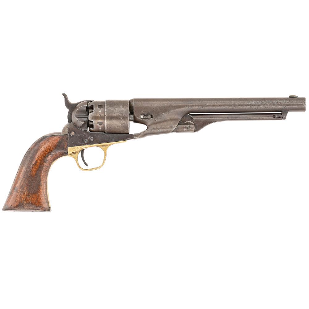 Colt Model 1860 Army Revolver: .44 caliber, 8" barrel length, S/N 152548 (mfg. ca1864). Single-action percussion revolver with 6-shot cylinder, fixed blade front sight, and loading lever. Blued metal finish, color case hardened fr