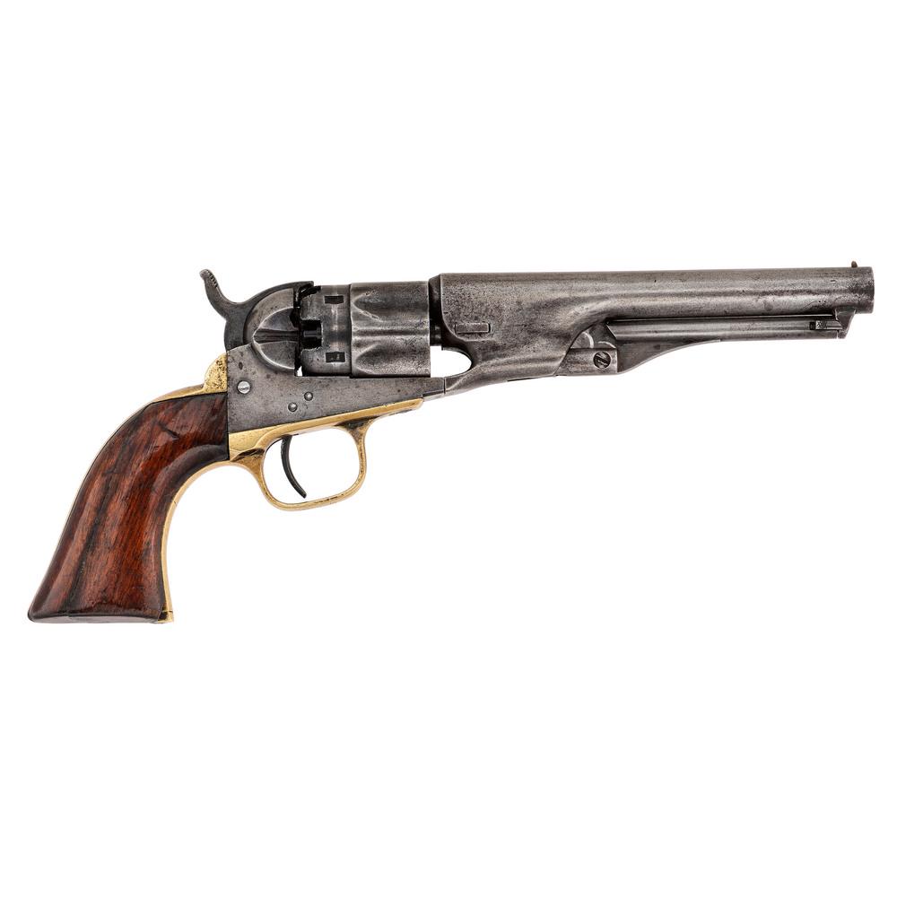 Colt 1862 Pocket Police Revolver: .36 caliber, 5.5" barrel, S/N 3996 (mfg. ca1861). Blued and color case hardened finish, silver-plated brass backstrap and triggerguard, smooth one-piece varnished walnut grip. All visible numbers matc