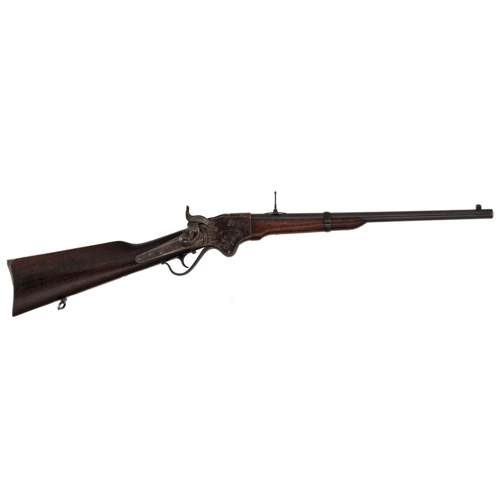US Model 1865 Spencer Carbine by Burnside Rifle Company: .56-50RF caliber, 20" barrel, S/N 29905. Blued barrel and color casehardened receiver, smooth walnut stock and forend secured by a single barrel band. Standard Burnside receiver markings including M