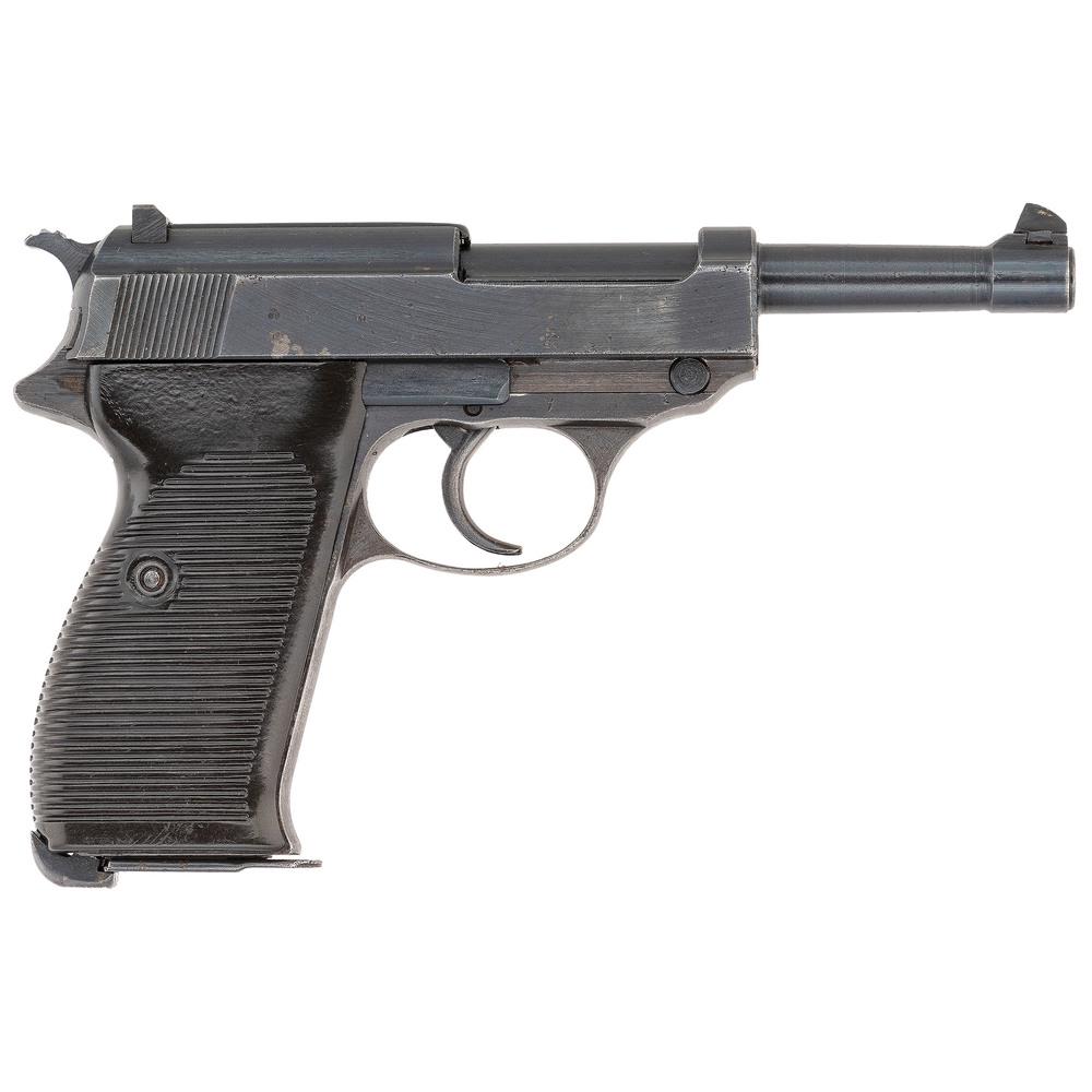 **Spreewerke cyq-Code P.38 w/ Holster, Extra Magazine: 9mm caliber, 4.9" barrel, S/N 4495x. Blued finish, grooved black Bakelite grips. Matching serial numbers, {eagle}/88 inspection marks. Includes a black break open holster marked P38 on rear with