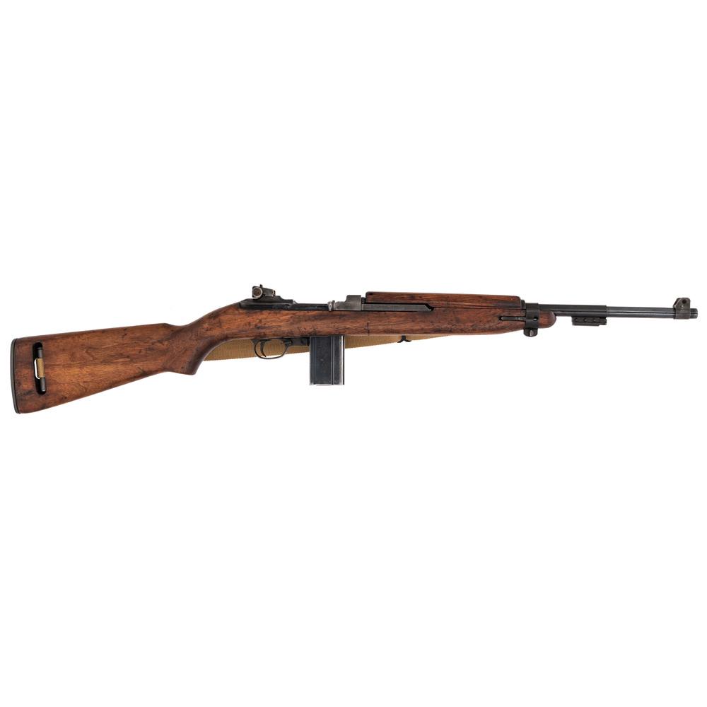 **Refurbished National Postal Meter M1 Carbine: .30 Carbine caliber, 18" barrel, S/N 4129780. Parkerized and blued finish, oval-cut low-wood stock. Top of receiver marked NATIONAL / POSTAL METER over the serial number. Chamber marked U.S. CARBIN