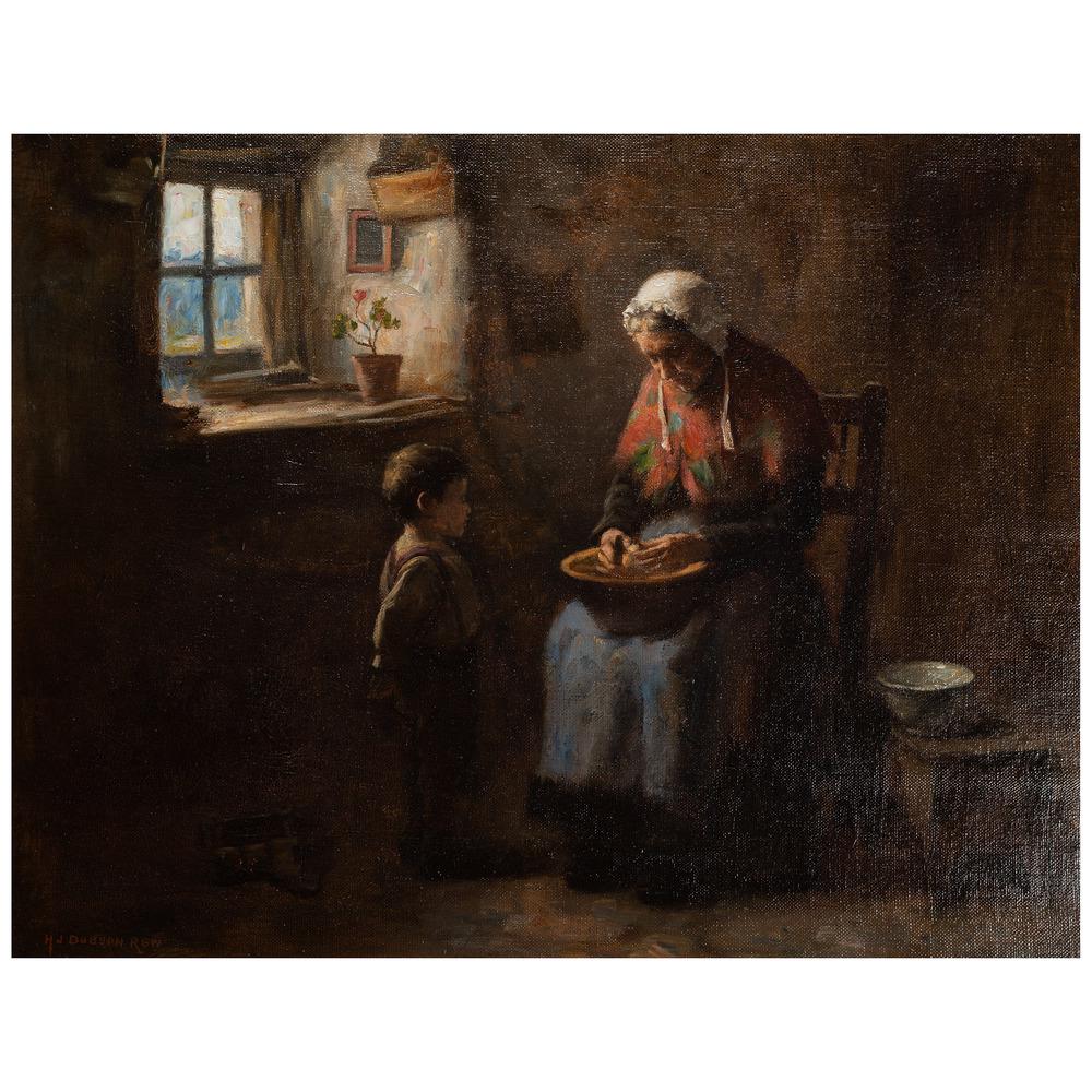 Henry John Dobson (British/Scottish, 1858-1928): Untitled (Kitchen Scene) oil on canvas signed HJ Dubson (lower left) 13 3/8 x 17 1/2 inches.