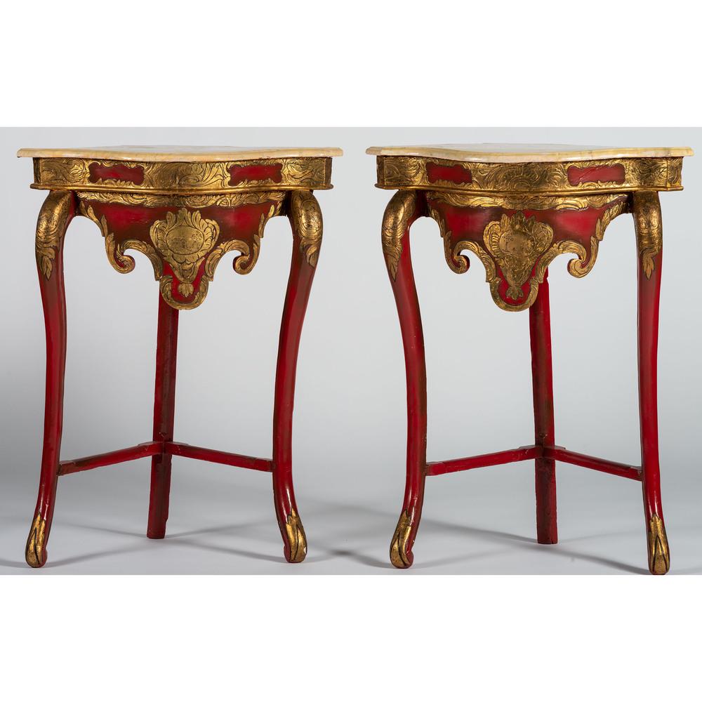 A Pair of Rococo Style Painted End Tables: Late 19th/20th Century Height 37 1/2 x width 29 1/2 x depth 21 inches. Property from the Estate of Mr. Alfred Moore, Cincinnati, Ohio