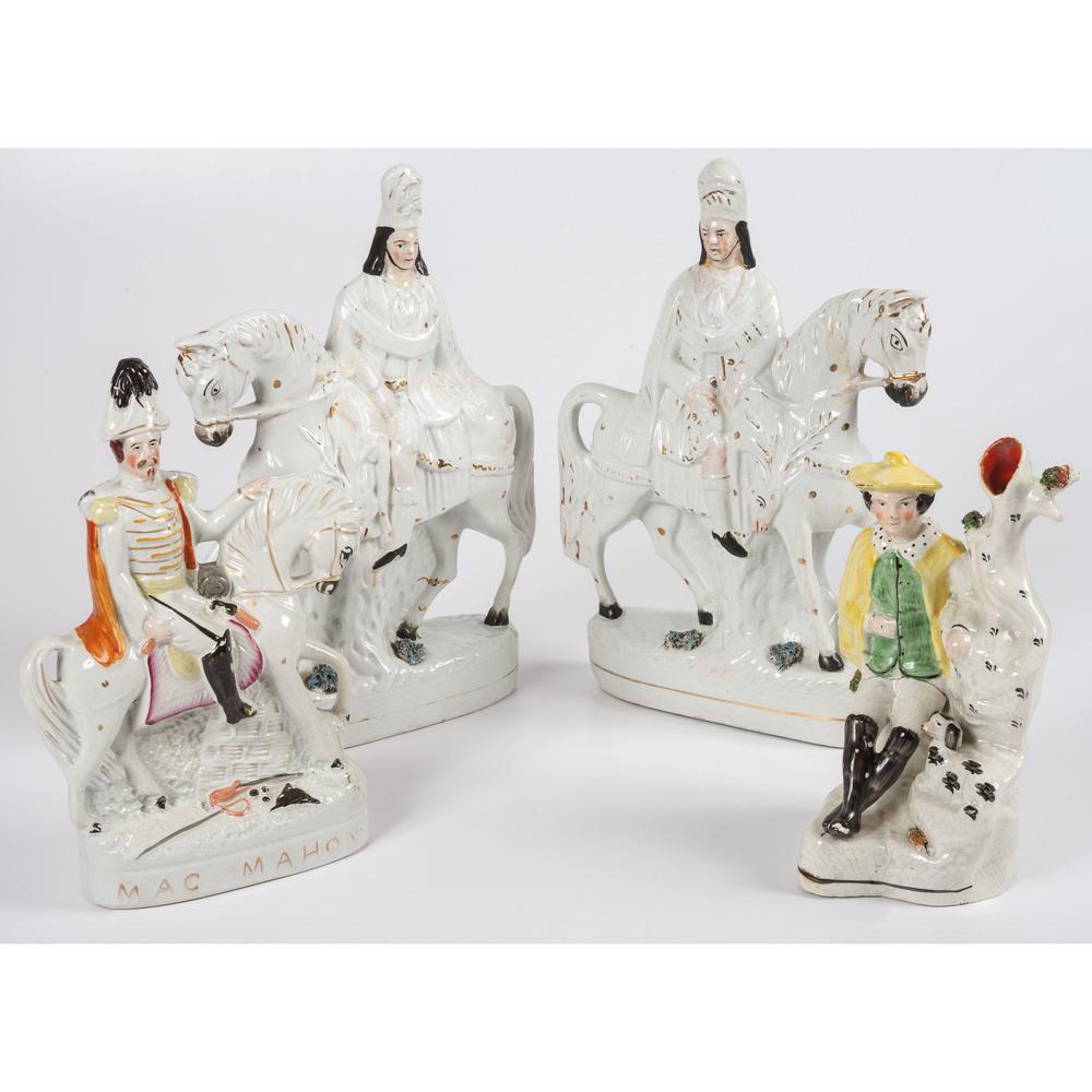 Four Staffordshire Figures: Height of tallest 15 1/2 inches. Provenance: Property from the Estate of James A. Sanders, Evansville, Indiana Hindman is honored to present property from the Estate of James A. Sanders, including his