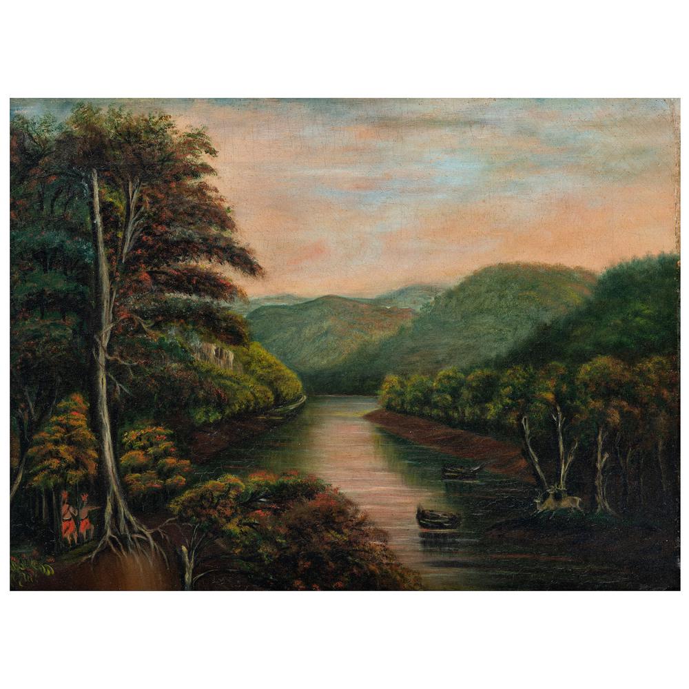Hudson River School, 19th Century: Untiled (Landscape with Indian Figures) oil on canvas 17 1/2 x 23 1/2 inches.