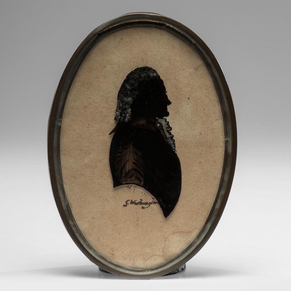 A Reverse-Painted Silhouette on Glass of George: Circa 1794 inscribed L. Fecit 1794 / G. Washington on recto and G. Washington / Done by C. Lowe on verso. 6 1/4 x 4 1/4 inches.