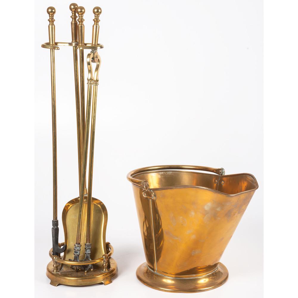 A Collection of Brass and Iron Fire Tools, Modern: comprising a stand, poker, shovel, tongs and ash bucket. Height of stand 28 inches. Provenance: Property from a Robert Metzger-designed interior, Maryland