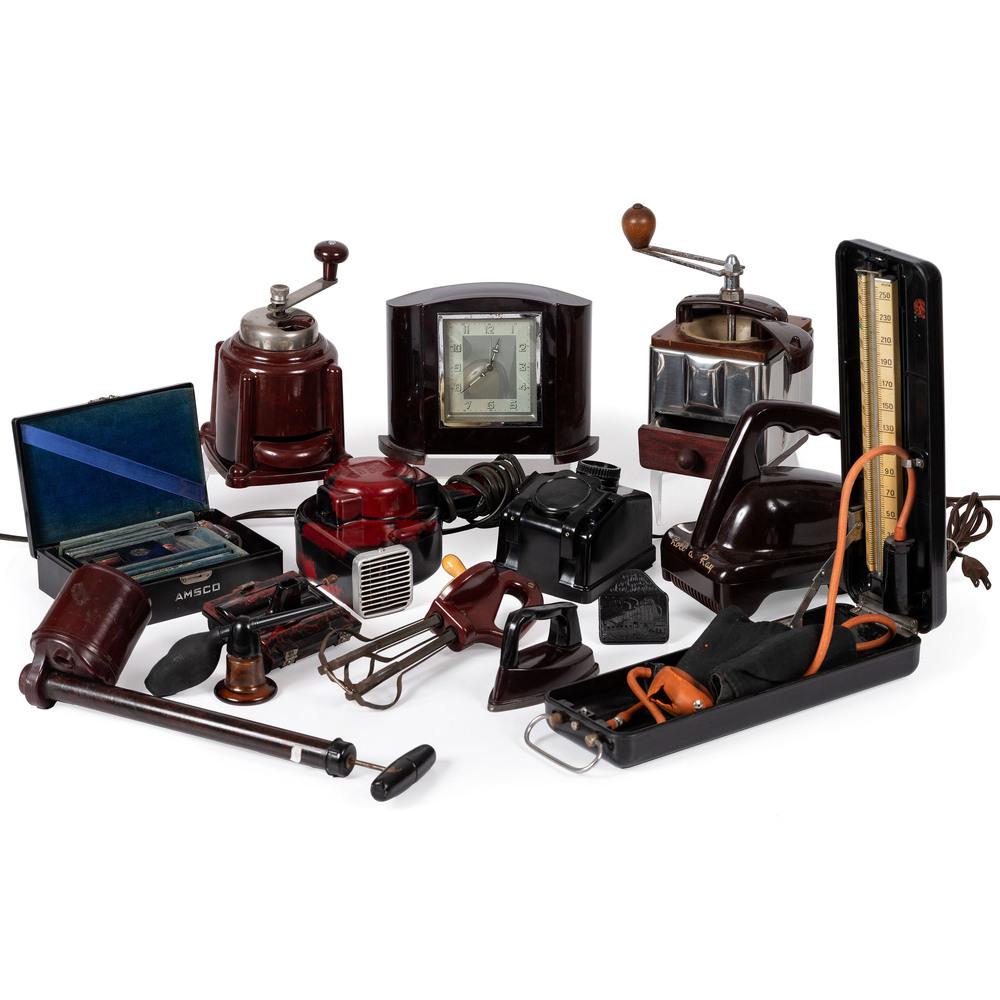 A Collection of Bakelite Housewares: A Collection of Bakelite Housewares, Including Two Coffee Mills 20th Century comprising one wood and Bakelite Peugeot Freres coffee mill, one unmarked coffee mill, Chromatic "Rolmonica" Player Harmoni