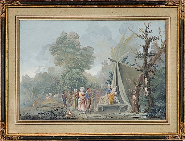 Vaudeville Act by L.G. Moreau (French, 1740-1806) : Louis Gabriel Moreau (French, 1740-1806), Vaudeville Act Watercolor on paper, signed and dated 1789 l.l.; 5 x 7.25 in.