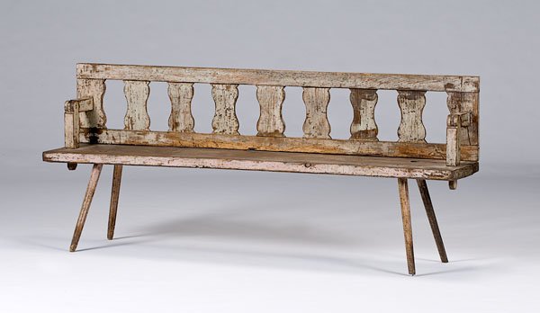 Mennonite Attributed Painted Flip-Back Bench : Mennonite Attributed Painted Flip-Back Bench Found in Ferdinand Indiana, late 19th century. A Mennonite, white painted, pine bench with a back that flips to the opposite side attached to a plank sea