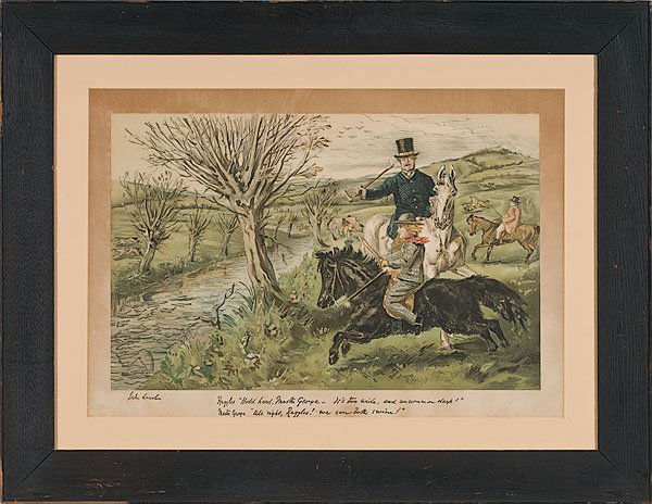 John Leech (British), Equestrian Illustration: John Leech (British, 1817-1864) Equestrian Illustration Lot of two. Watercolor and ink on paper, signed l.l. with caption Ruggles "Hold hard, Master George - It's too wide and uncommon deep'" / Mast