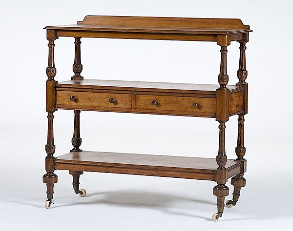 English Edwardian Oak Server : English Edwardian Oak Server ca 1870-1900, English oak server with two aligning drawers on casters; ht. 47 in. x w. 48 in. x d. 21.25 in.