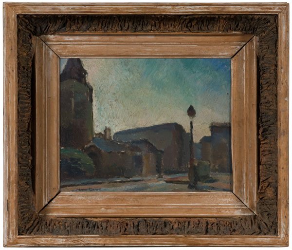 L'Eglise St. Germain by Herbert P. Barnett (Amer.): L'Eglise St. Germain by Herbert Phillip Barnett (American/Ohio/Massachusetts, 1910-1972) Oil on panel, signed l.l.; 10 x 12.5 in. and housed in wooden frame with papier mâché around interior and l