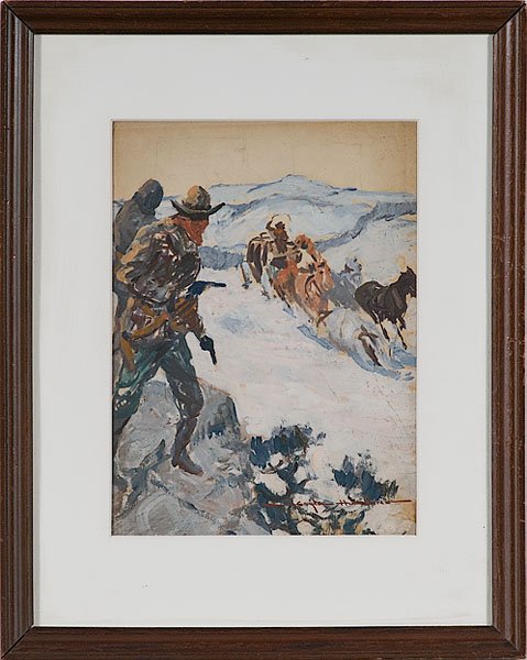 Cowboy Stagecoach Hold Up by Gayle Hoskins : American Cowboy Stagecoach Hold Up by Gayle Hoskins (American, 1887-1962) Tempera and graphite on paper, signed l.r.; 9.5 x 7 in.