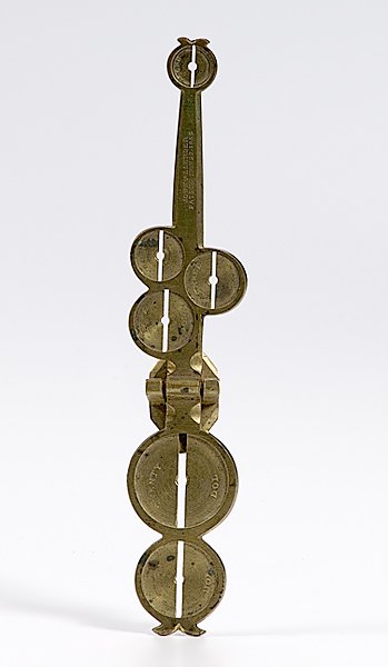 John Allender 1855 U.S. Gold Coin Scale : John Allender 1855 U.S. Gold Coin Scale A milled brass coin scale with pans milled to take six different U.S. gold coins, $1-$20, with each pan marked for the coin to place in it, and stamped John A