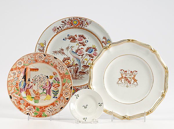 English Porcelain Tablewares : English Porcelain Tablewares English, four items, including a Wedgwood "Kutani Crane" pattern stoneware plate, stamped Wedgwood Stone China; and a Davenport porcelain plate with center crest motif, 