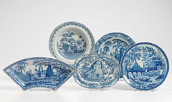 Spode Bowl and Stubbs Staffordshire Plate, Plus : Spode Bowl and Stubbs Staffordshire Plate, Plus Lot of five, 19th century, Stubbs Staffordshire historical British scene blue transfer plate, impressed Stubbs, dia 9.75 in; and a Spode hand painted
