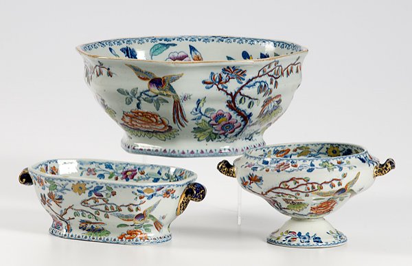 Davenport Ironstone Tablewares : Davenport Ironstone Tablewares English, late 19th century, lot of three, a Davenport ironstone octagon shaped bowl, a footed handled dish, and a oblong handled dish, all decorated with polychrome or
