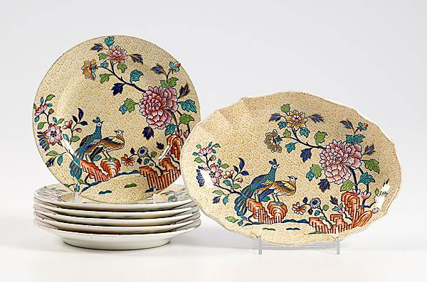 Copeland Spode Pheasant Tableware : Copeland Spode Pheasant Tableware English, 19th century, lot of seven pieces, including one oval bread tray and six bread plates, all decorated with colorful pheasants and chrysanthemums, impressed